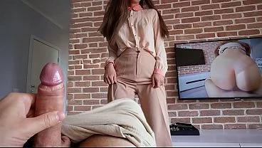 Hot Step Mom caught her Step Son watching porn and helped him cum quickly