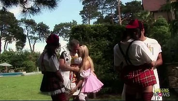 Three busty blonde milfs are fucked by two guys in the backyard and they swallow their cum