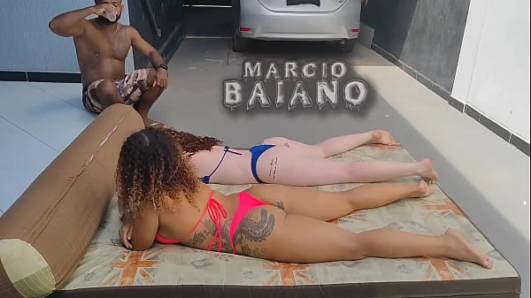 Two sluts can’t stand to see their neighbor’s hard cock and let him enjoy inside with a giant cock